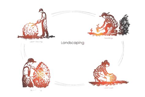 Vector Concept Set For Landscaping Services Lawn Mowing Seedling Planting Lawn Edging And Bush ...