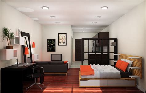 Studio Apartment Design Ideas With Orange Accent | Interior apartemen ...