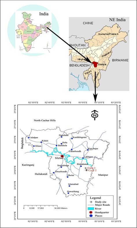 Map of Cachar, Barak Valley, Southern Assam, India, showing the caves ...