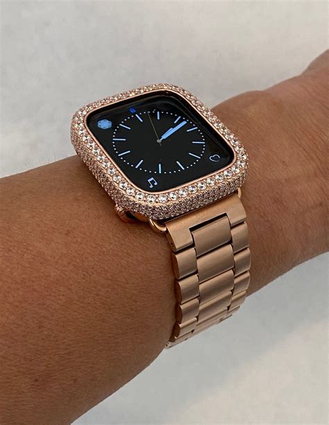 Rose Gold Apple Watch Band Lab Diamond Bezel Cover 38mm 40mm 41mm 42mm 44mm 45mm Series 8