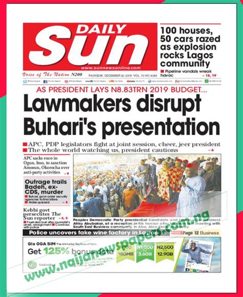 Nigerian Newspapers Front Page Headlines, Thursday 20th December 2018 ...