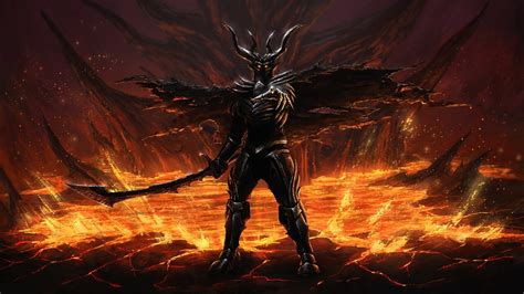 Demon with four horns wielding sword near lava ground wallpaper HD ...