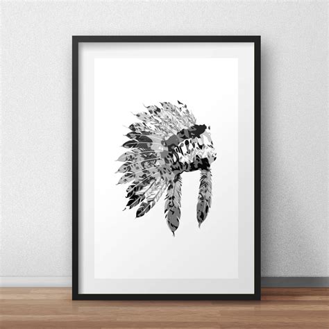 Chief Tribal Feathers Home Decor Printable Digital Art Black