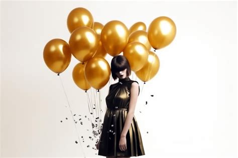 Premium AI Image | A woman with a gold dress and a black dress is holding a bunch of gold balloons.