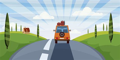 Highway Travel Summer Road Car Cute Landscape Cartoon Style Vector Illustration Isolated Stock ...