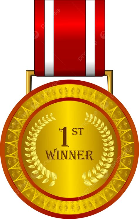 First Winner Gold Medal Award Hanging On Red Ribbon, Gold Medal, Award ...