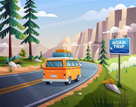 Road trip vacation by car on mountain highway with rocky cliffs view concept cartoon ...