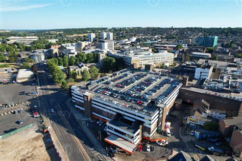 High Angle Drone's View of Luton City Center and Railway Station, Luton ...