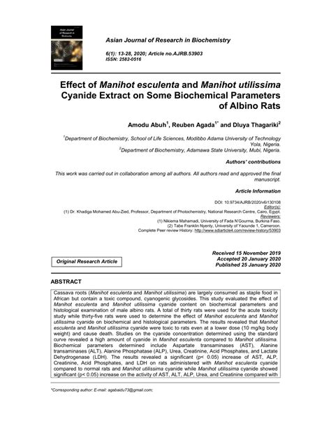 (PDF) Effect of Manihot esculenta and Manihot utilissima Cyanide Extract on Some Biochemical ...