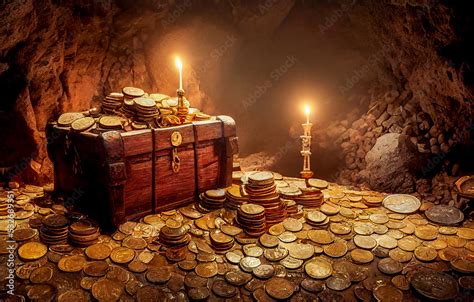 Old pirate treasure chest hidden in a cave, many gold coins and lights, 3d illustration ...