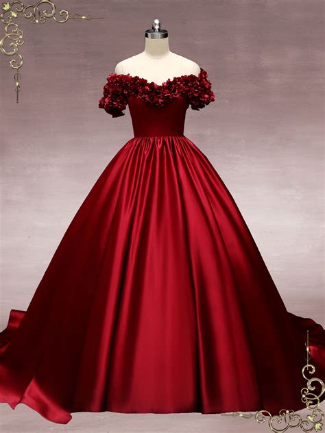 Dark Red Off the Shoulder Ball Gown Wedding Dress with Roses MURINA ...