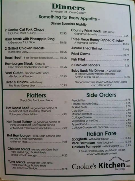 Menu at Cookie's Kitchen restaurant, Pasadena