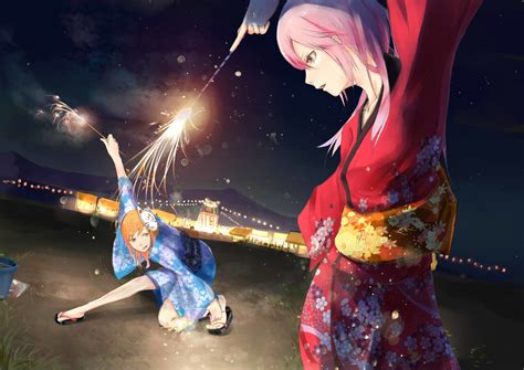Download Night Yukata Festival Fireworks Anime Original HD Wallpaper by ajisa