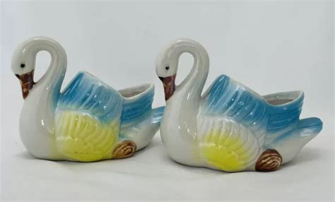 VINTAGE SWAN CERAMIC Planters Iridescent Pastel Blue Yellow-Made In ...