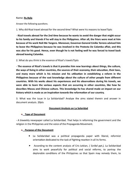 JOSE Rizal La Solidaridad - Name: Rs Answer the following questions ...