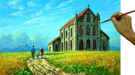 HOW TO PAINT Realistic Old Country Church on Dirt Road in Acrylics - YouTube