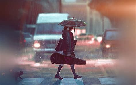 HD wallpaper: Anime, Original, Girl, Rain, Umbrella, Violin | Wallpaper ...