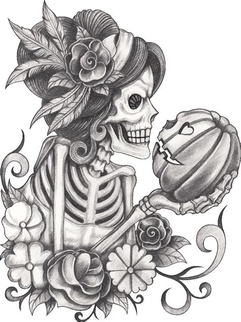 Art fancy woman and pumpkin skull tattoo. Hand drawing and make graphic vector. 13376461 Vector ...