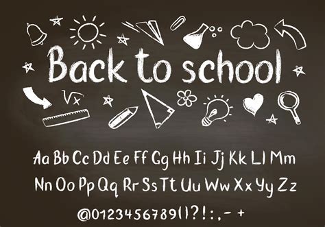 Back to school chalk text on blackboard with school doodle elements and chalk alphabet, numbers ...