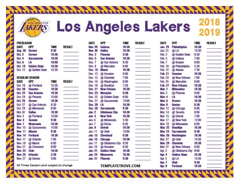 Printable 2018-2019 Los Angeles Lakers Schedule