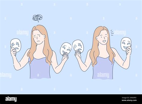 Mask, opposite emotions set concept. Young woman is holding two mask, sad and happy in her hands ...