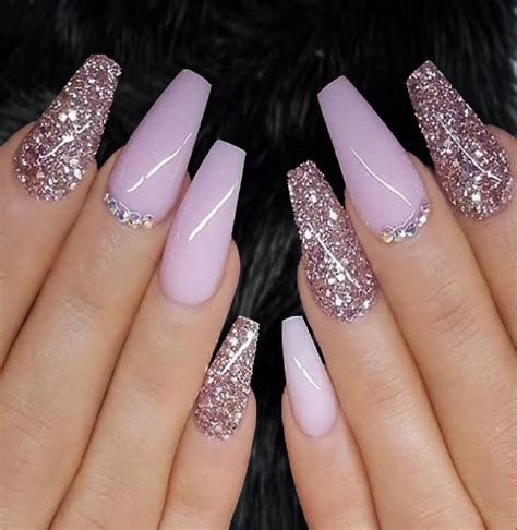 Lavender Press On Nails Skinny Coffin with Sparkle and Rhinestones for Party Tips - Jingle Nail