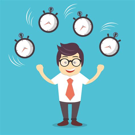 Smiling cartoon businessman juggling with alarm clocks, symbolizing ...