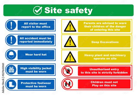 Site safety poster flat design editable. Safety sign. Mandatory sign. Warning sign. Caution ...