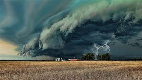 nature, Landscape, Trees, Supercell (nature), Field, Building, Storm, Clouds, Lightning, Horizon ...