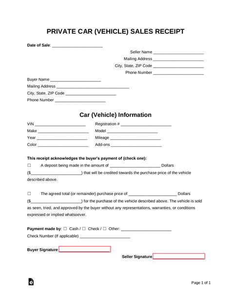 Free Vehicle (Private Sale) Receipt Template - PDF | Word – eForms