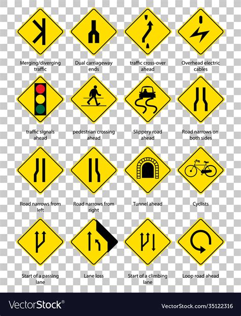 Set yellow traffic warning sign on transparent Vector Image