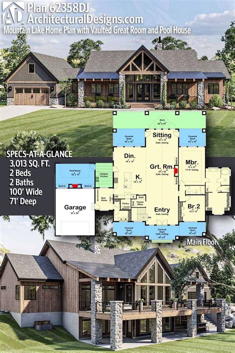 Plan 62358DJ: Mountain Lake Home Plan with Vaulted Great Room and Pool ...