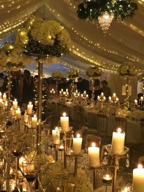 winter wedding marquee. candles and white flowers with gold accents Wedding Hire, Tent Wedding ...