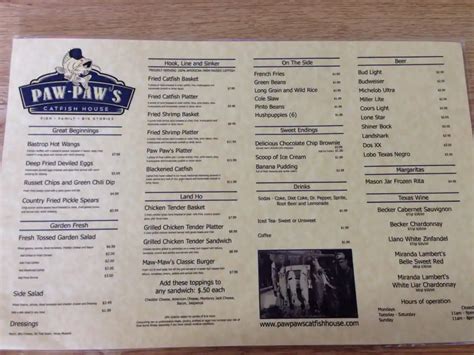 Menu at Paw Paws Catfish House restaurant, Bastrop