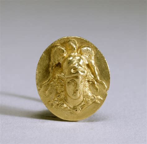 lionofchaeronea:Ancient Greek gold ring depicting Athena, helmeted and with her aegis around her ...
