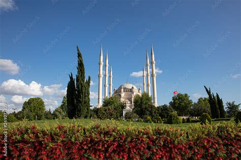 Sabanci Central Mosque from Central Park in Adana,Turkey. Sabanci Central Mosque with 6 Minarets ...