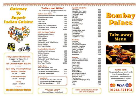 Menu at Bombay Palace restaurant, Chester