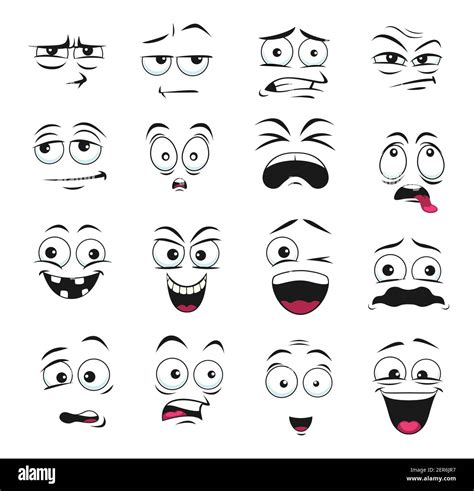 Face expression isolated vector icons, cartoon funny emoji suspicious, scared and shocked, grin ...