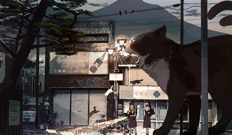 Whimsical Cat Encounter in Anime City - 4K Ultra HD Wallpaper by kukka