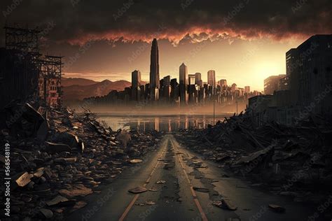 Post apocalyptic city view cityscape. City in ruins. Dystopian future ...