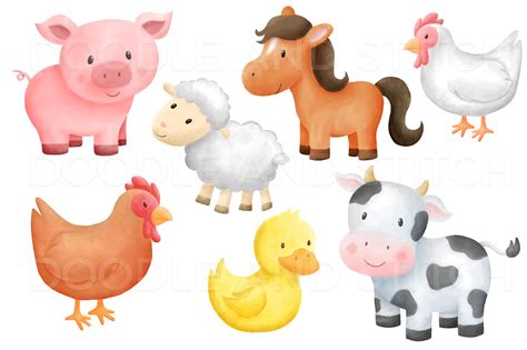 Farm Animal Watercolor Clipart By Doodle Art | TheHungryJPEG