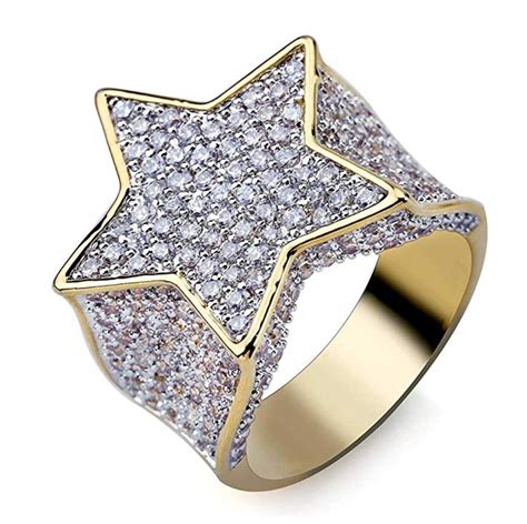 Big Star Ring Gold Tone Simulated Diamond Hip Hop Jewelry Rapper Ring ...