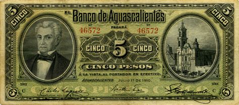 Mexican banknotes 5 Pesos note 1910 El Banco de Aguascalientes|World ...