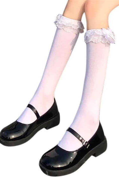 White Women Socks Knee Socks White Lace Bow Accessories School Girl