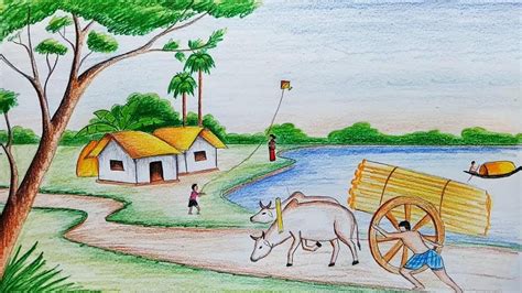 Simple Village Scenery Drawing Easy Landscape Drawing Drawing Class ...