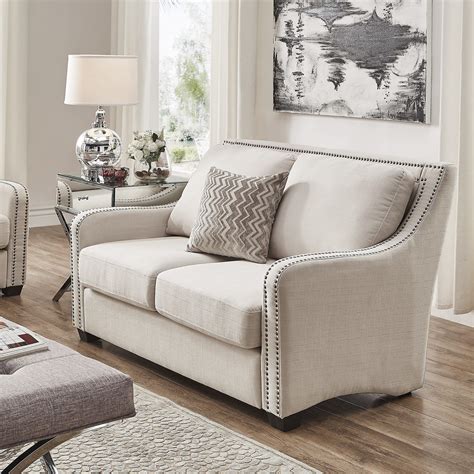 White Linen Nailhead Sloped Arm Loveseat | Love seat, Nailhead loveseat, Furniture