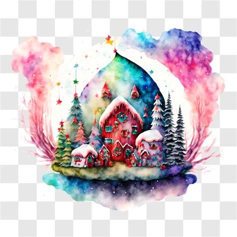 Download Snowy Village Watercolor Painting PNGs Online - Creative Fabrica