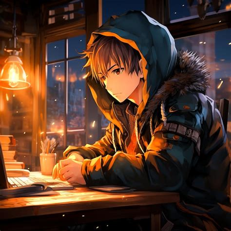 Premium AI Image | Cartoon lofi young manga style boy studying while ...