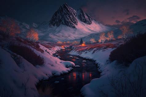 Premium Photo | Snow covered mountains with a river at night