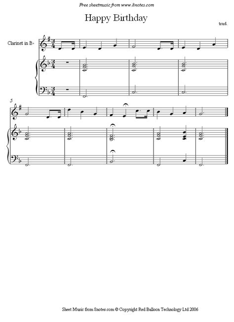 Happy Birthday sheet music for Clarinet - 8notes.com